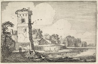 Sheep near a tower in a river landscape, Jan van de Velde (II), 1616
