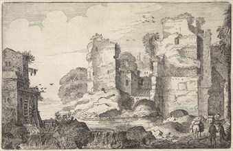 Landscape with figures and burros on a road near ruins, left a watermill, print maker: Jan van de