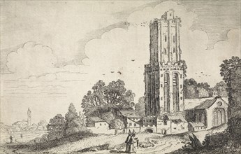 Landscape with dilapidated church tower, Jan van de Velde (II), 1616