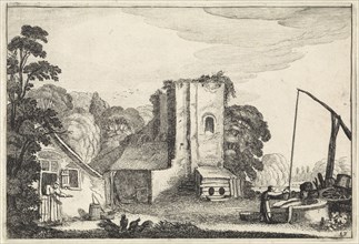 Figures near a well and a farm, near a ruin, print maker: Jan van de Velde II, 1616