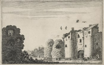 Figures in a boat with a ruined castle on the water, Jan van de Velde (II), 1616