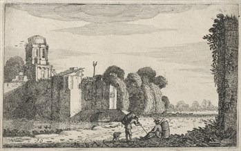 Two figures at a ruin at a bridge, Jan van de Velde (II), 1616
