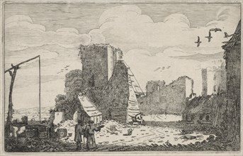 Figures near a well and a ruined farmhouse, print maker: Jan van de Velde II, 1616
