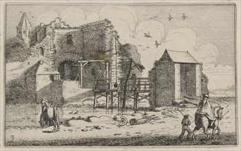 Horsemans at a ruined castle with bridge, Jan van de Velde (II), 1616