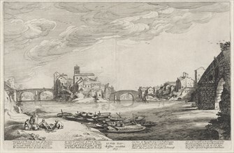View of the Tiber with Roman bridges, Jan van de Velde (II), Claes Jansz. Visscher (II), 1617