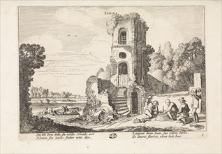 Landscape with a ruined tower: june, print maker: Jan van de Velde II,  Reinier Telle, 1608 - 1618
