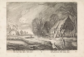 Figures at a farm in the rain: march, Jan van de Velde (II), 1608 - 1618