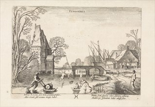 Winter Landscape with Skaters and figures with sleds on the ice, depicting the month of February,