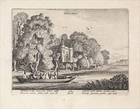 Landscape with figures in a barge: september, Jan van de Velde (II), 1608 - 1618