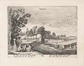 Landscape with corn harvest: august, Jan van de Velde (II), 1608 - 1618