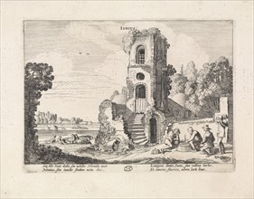 Landscape with a ruined tower: june, Jan van de Velde (II), 1608 - 1618