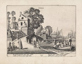 Village with activity on the water, april, Jan van de Velde (II), 1608 - 1618