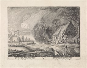 Figures at a farm in the rain: March, Jan van de Velde (II), 1608 - 1618
