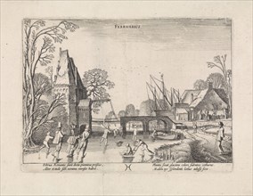 Winter Landscape with Skaters on the ice, depicting the month of February, at the bottom of the
