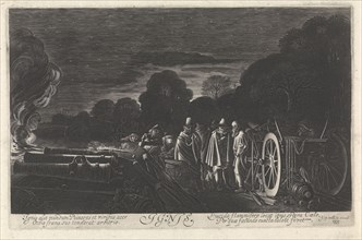 Landscape with soldiers firing guns at night, representing the fire element, representations of one