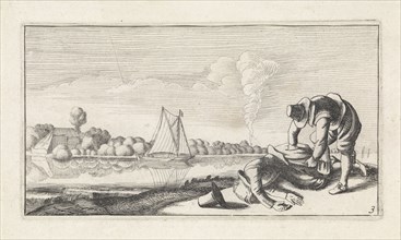 River Landscape with a dead man who robbed, Jan van de Velde (II), Anonymous, Claes Jansz. Visscher