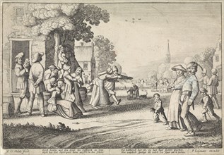 Dancing farmers during a village festival, Jan van de Velde II, P. Leijenaar, 1652 - 1673