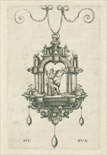 Pendant (pendeloque) with a winged woman with snake sword and stick in the hands. Hans Collaert