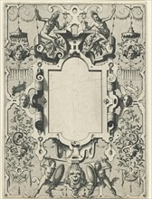 Cartouche in a frame of scroll work with grotesques, Johannes or Lucas van Doetechum, Hans Vredeman