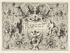 Cartouche with grotesques, bottom center is a child, print maker: Johannes or Lucas van Doetechum,