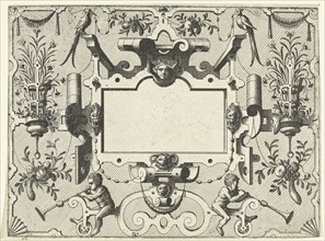 Cartouche surrounded by grotesques, with left and right a basket with flowers, Johannes or Lucas