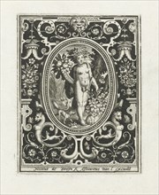 Element earth as a young woman with cornucopia and rosebush in picture frame with ornaments,