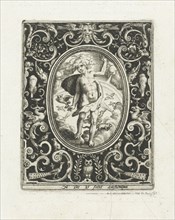 The element of air as a young man standing on clouds with owl on his hand and flying birds behind