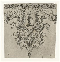 Ornament featuring a winged creature and a woman holding a bird, Germany, Anonymous, 1615