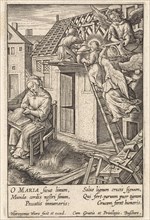 Christ Child puts a roof, Hieronymus Wierix, 1563 - before 1619