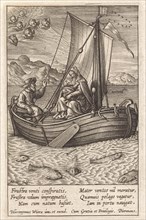 Flight to Egypt by boat, Antonie Wierix (III), Hieronymus Wierix, Piermans, 1606 - before 1619