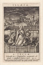 St. Thecla of Iconium surrounded by a lion, a bear, a bull and a deer, in the background she is on
