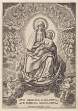Mary with the Christ Child on the crescent moon, print maker: Hieronymus Wierix, 1563 - before 1613