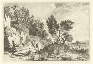 Two hikers on a bridge, Joannes Bemme, c. 1795 - c. 1810