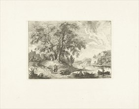 River Landscape with waiting people at a crosswalk, attributed to Joannes Bemme, 1800 - 1841