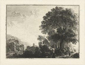 Mountainous landscape, a man and his dog, behind them is a flute player, a man and a woman