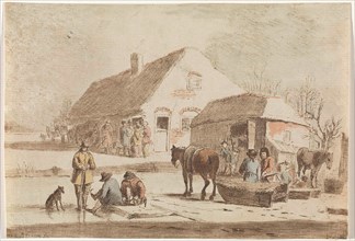 Skaters and a sledge at a farm, Hendrik Spilman, 1742 - 1784