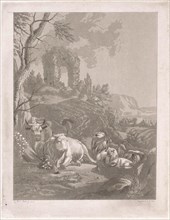 Cows, goats and sheep in a mountainous landscape with ruins, Diederik Jan Singendonck, 1814