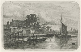 Sailing ship on the waterfront, Hermanus Jan Hendrik van Rijkelijkhuysen, 1823-1883