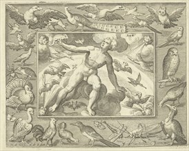 Element air as a young man on clouds between flying birds, print maker: Nicolaes de Bruyn, Maerten