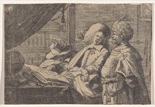 Three men around a book in an office, Anonymous, 1600-1700