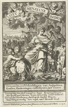 Woman teaches three children, print maker: Caspar Luyken, Jan Luyken, 1694