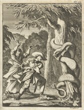 Giant Serpent, wound around a tree, attacked by a man with ax, Caspar Luyken, Willem van de Water,