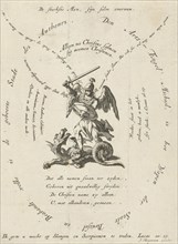 Archangel Michael slaying the dragon, around different inscriptions, Jan Luyken, Jacobus van