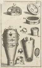 Distillation device and different parts thereof separately, print maker: Jan Luyken, Jan Claesz ten