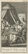 Praying figures at the bedside of a sick person, Jan Luyken, Barent Bos, 1693