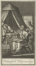 Praying figures at the bedside of a sick person, Jan Luyken, Barent Bos, 1714