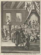 King of Golkonda visiting Dutch in their church, India, Jan Luyken, Jan Claesz ten Hoorn, 1693