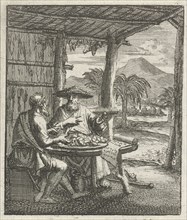 Hermit and his visitor sit in an open cabin at a table, print maker: Jan Luyken, Aart Wolsgrein,