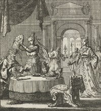 Queen turns a plate of food over above the head of her husband, Jan Luyken, Aart Wolsgrein, 1693