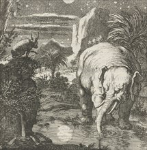 Hare and elephant with a full moon near a spring, Jan Luyken, Aart Wolsgrein, 1693